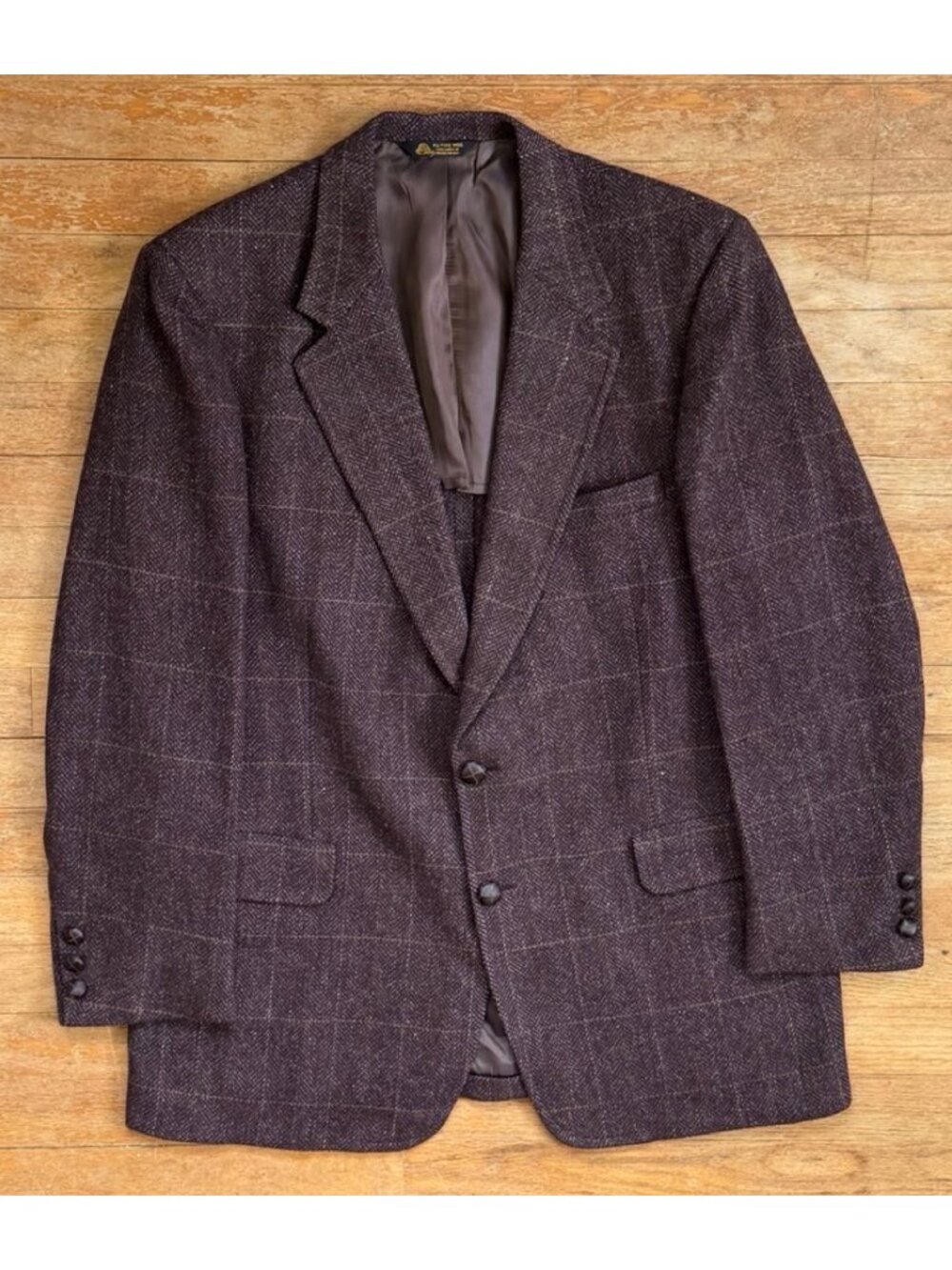 Vintage Mens Plaid Herringbone Tweed Blazer Size 42R 70s Brown Wool Sport Jacket